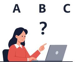Woman pondering while pointing at laptop with question mark above her head vector