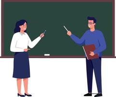 Engaging classroom scene with teachers discussing concepts in flat art vector