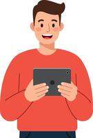 Smiling young man holding tablet in flat art style vector