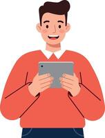 Happy young man using a tablet in flat design art vector