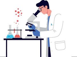 Scientist examining samples with microscope in flat illustration vector
