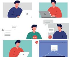 Person using laptop in different frames featuring flat illustration vector