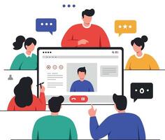Engaging virtual meeting scene with colorful characters in flat art vector