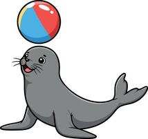 Seal balancing a colorful beach ball in flat illustration vector