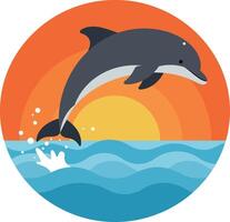 Dolphin jumping over waves with sunset background in flat art vector