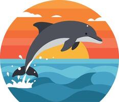 Dolphin leaping through waves at sunset in flat art vector