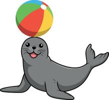 Cute seal balancing a colorful beach ball in flat art vector