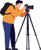 Photographer adjusting camera settings with flat design art vector