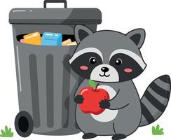 Cute raccoon holding an apple near a garbage bin art vector