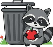 Raccoon holding apple near trash can in flat art vector