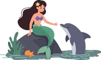 Mermaid interacting with dolphin in minimal flat art vector