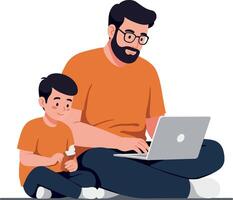 Father and son enjoying quality time with laptop in flat art vector