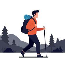 Hiker with backpack walking through mountains vector