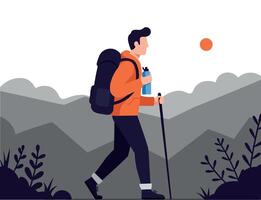 Hiker with backpack walking through mountain vector