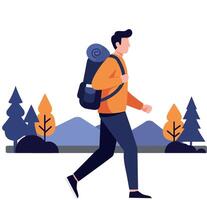 Man hiking through a colorful forest in flat art vector