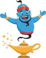 Blue genie emerging from magic lamp in flat art vector