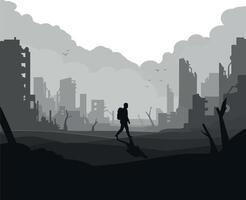 Dark silhouette of a traveler in a desolate cityscape, minimal art vector