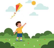 Happy child flying a colorful kite in flat art vector
