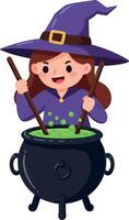 Witch stirring potion in cauldron, flat design art vector