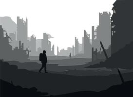 Silhouette of a lone figure in a desolate urban landscape, minimal art vector