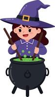 Witch stirring potion in cauldron with flat art style illustration vector