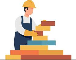 Construction worker stacking colorful blocks in flat illustration vector