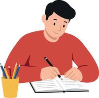 Person writing in a notebook with colorful pencils in flat art vector