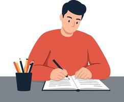 Young man writing in a notebook with colorful pencils flat art vector