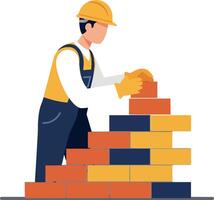 Construction worker stacking colorful bricks in flat art vector