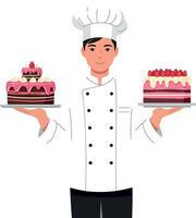 Chef holding two different colorful cakes in flat art vector