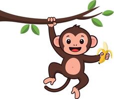Cute monkey hanging from branch with banana in flat art vector