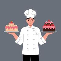 Chef presenting two delicious cakes in flat art style vector