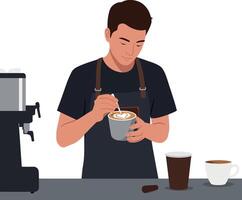 Barista preparing coffee with cream swirl in flat illustration vector