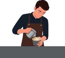 Barista pouring latte art with detailed flat design illustration vector