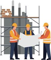 Construction workers discussing blueprints vector