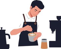 Barista preparing latte art in flat minimal illustration vector