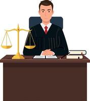 Judge sitting at desk with scales of justice flat art vector