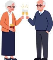 Elderly couple celebrating with drinks in minimal illustration vector