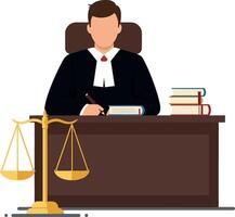 Judge sitting at desk with scales and books in flat art vector