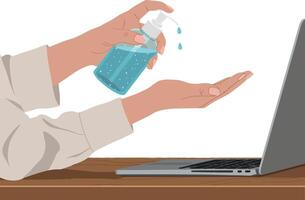 Hand using sanitizer spray on palm next to laptop in flat art vector