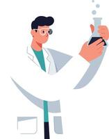 Scientist in lab coat holding a flask in flat art vector