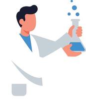Scientist holding a flask with blue liquid in flat art vector