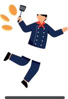 Chef jumping with spatula and flying pancakes in flat art vector