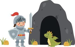 Knight standing in front of cave with friendly dragon illustration vector