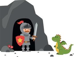Brave knight confronting a friendly dragon in flat art vector