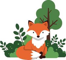 Cute orange fox resting among green bushes in flat art vector