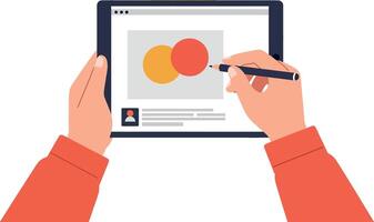 Hands holding tablet creating colorful circles in flat illustration vector