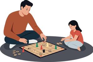 Father and daughter enjoying a board game in flat art vector