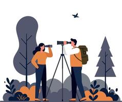 Enthusiastic hikers observing nature through binoculars in flat art vector