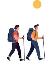 Two hikers walking under the sun in flat art vector
